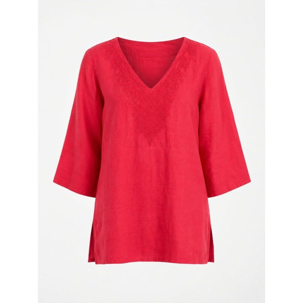 Saint Tropez West Bright Pink V-Neck Embroidered !00% Linen Tunic Top
